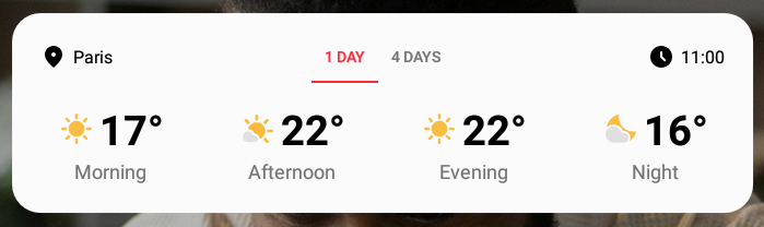 The clock and weather widget shown on a Frameo photo frame