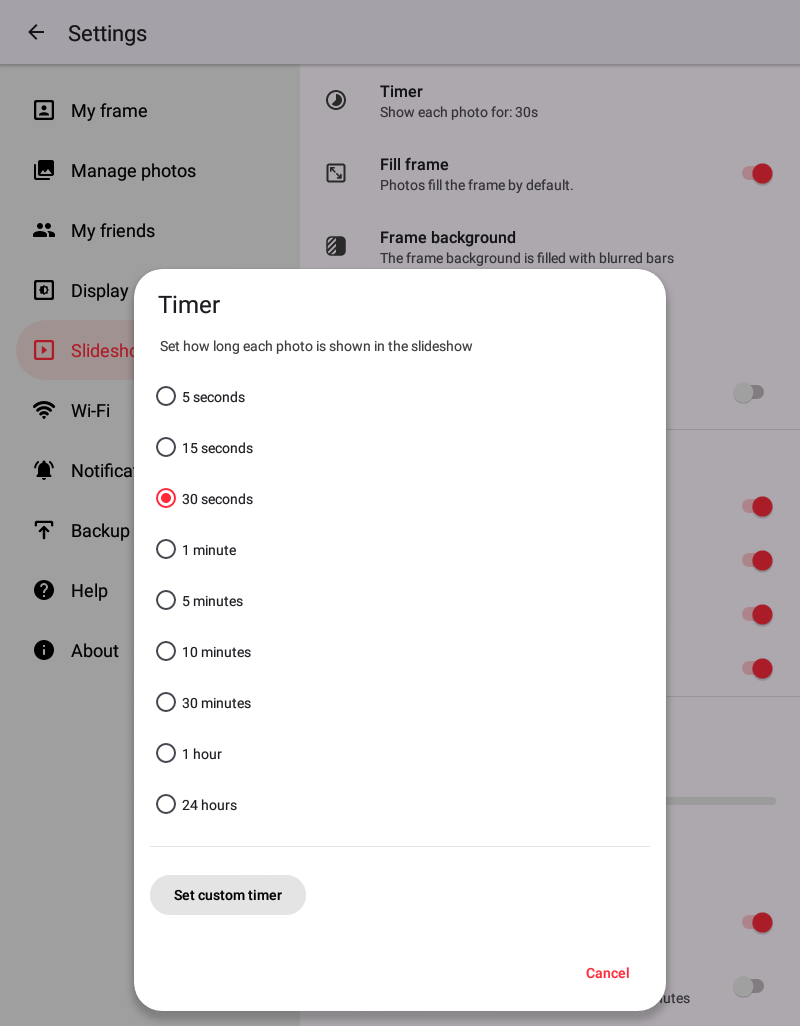 The slideshow Timer setting, used to choose how long each photo is shown