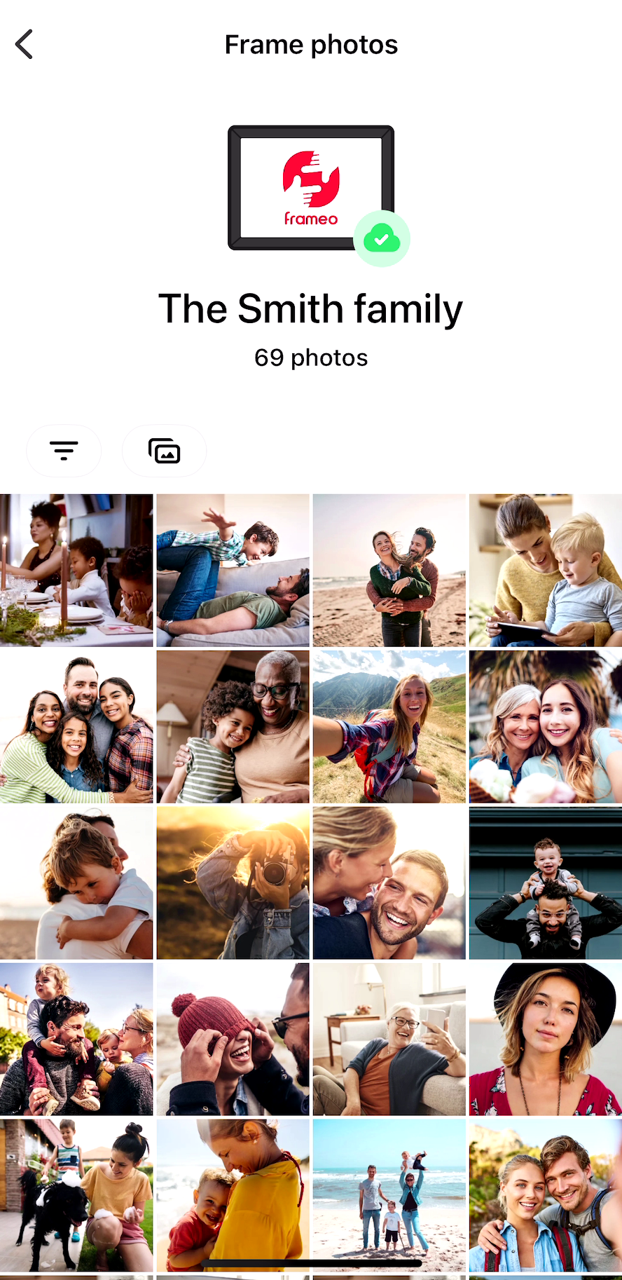 A frame's photo collection in the Frameo app, showing the total photo count